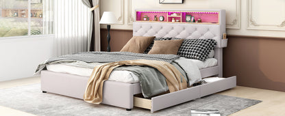 Queen LED Upholstered Storage Bed – Beige