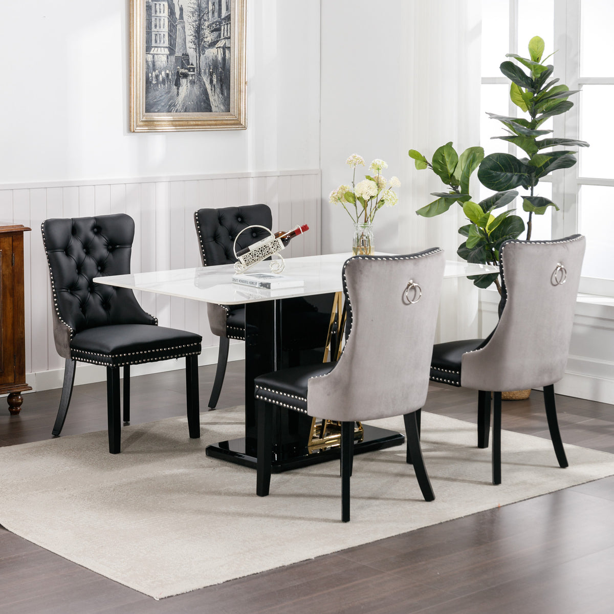 Tufted PU Dining Chairs Set of 2 Black Gray