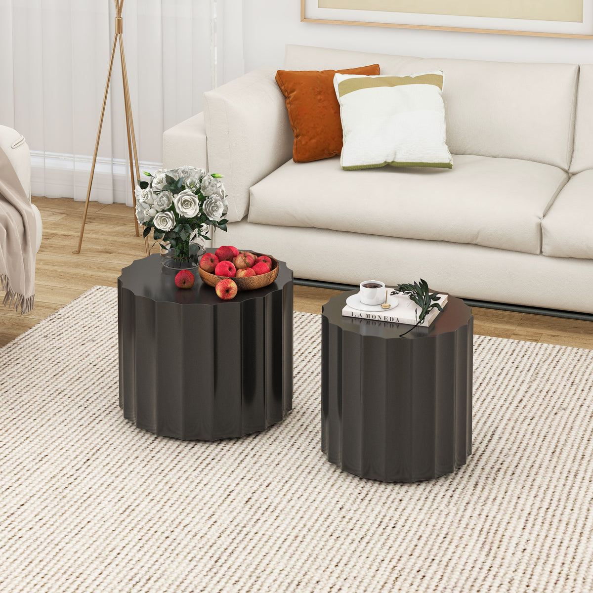 Black 2-Piece Round Nesting Coffee Table Set – Modern MDF with Lacquered Finish