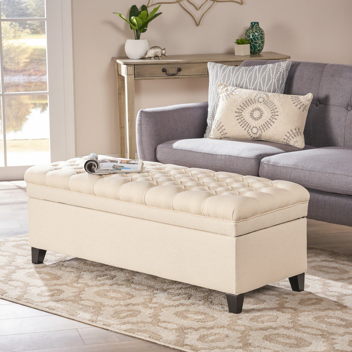 Juliana Velvet Storage Ottoman Beige