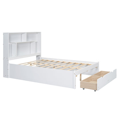 Full Platform Bed with Storage Headboard White