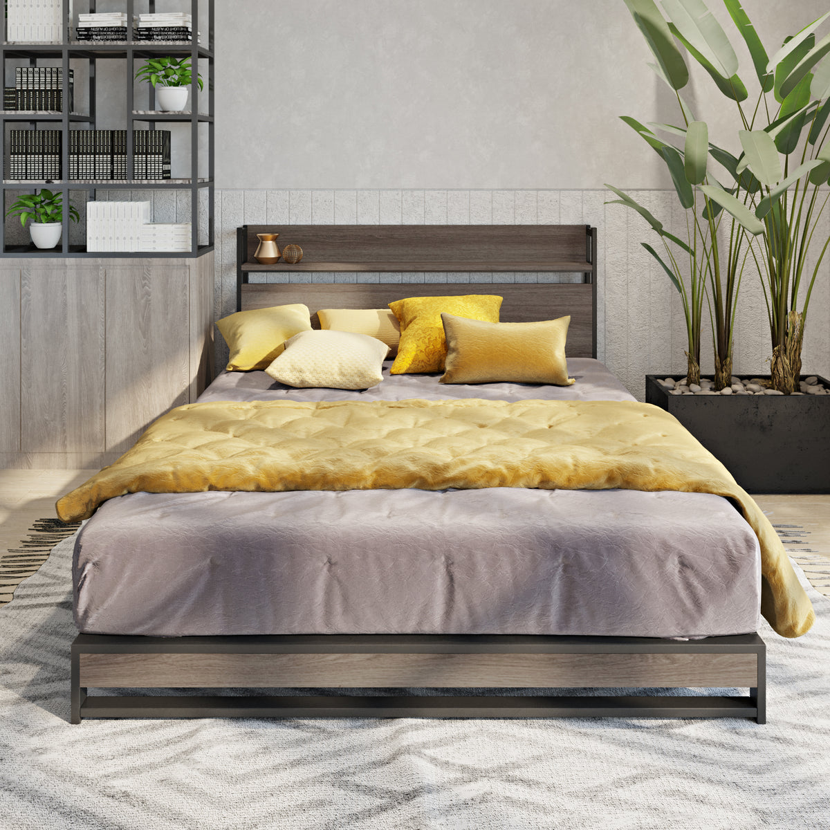 Platform Queen Bed with Storage and Support Frame