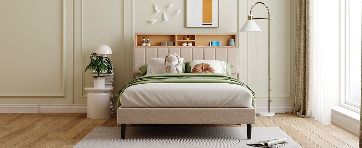 Full Upholstered Storage Bed – Beige Linen