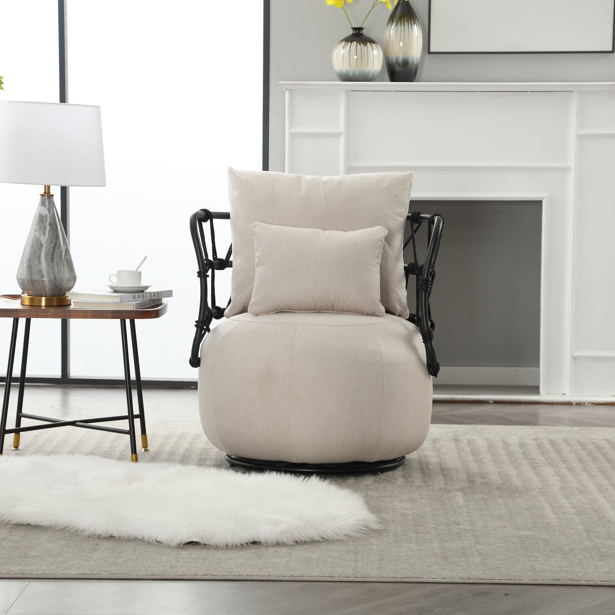 Tufted Linen Accent Chair – Metal Stand