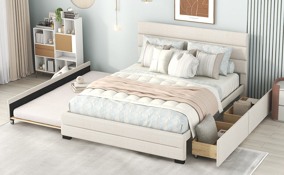 Queen Upholstered Bed with Twin Size Trundle Beige
