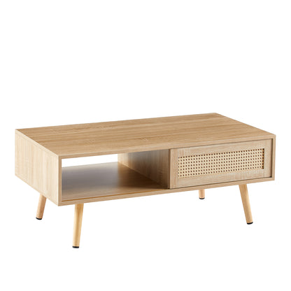 Rattan Coffee Table with Sliding Door Storage