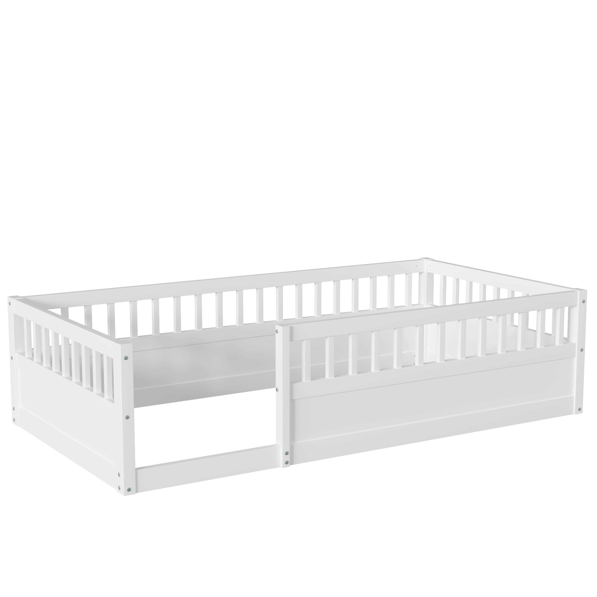 Wood Floor Twin Bed with Fence White