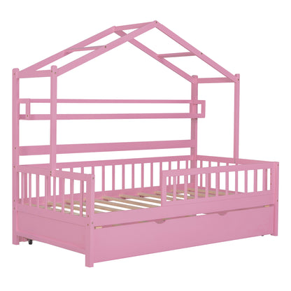 Twin House Bed with Trundle Pink