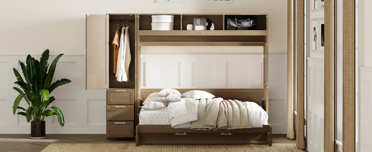 Antique Grey Murphy Bed with Storage Drawers