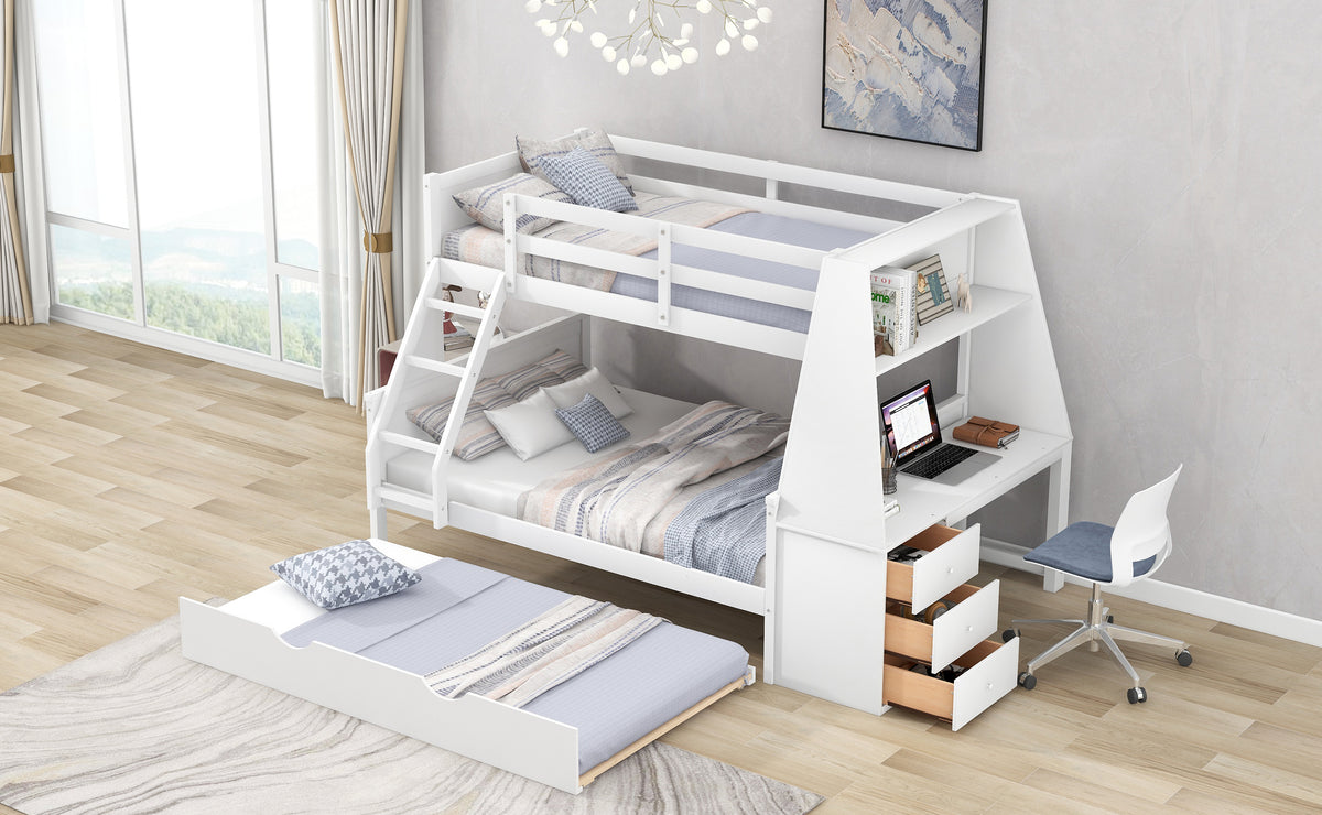 Twin Over Full Bunk Bed with Built-In Desk White