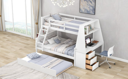 Twin Over Full Bunk Bed with Built-In Desk White