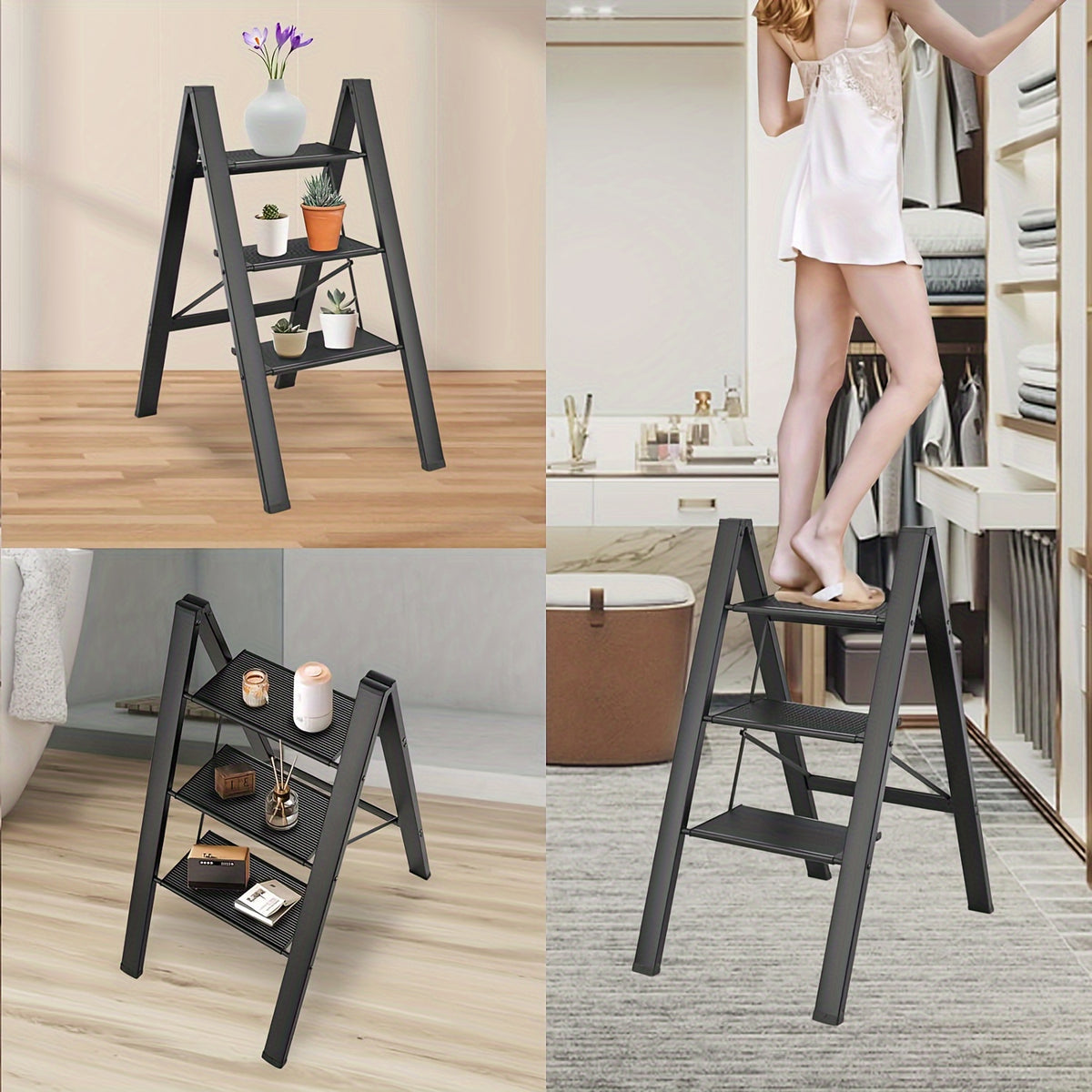 Aluminum 3-Step Folding Ladder – Black