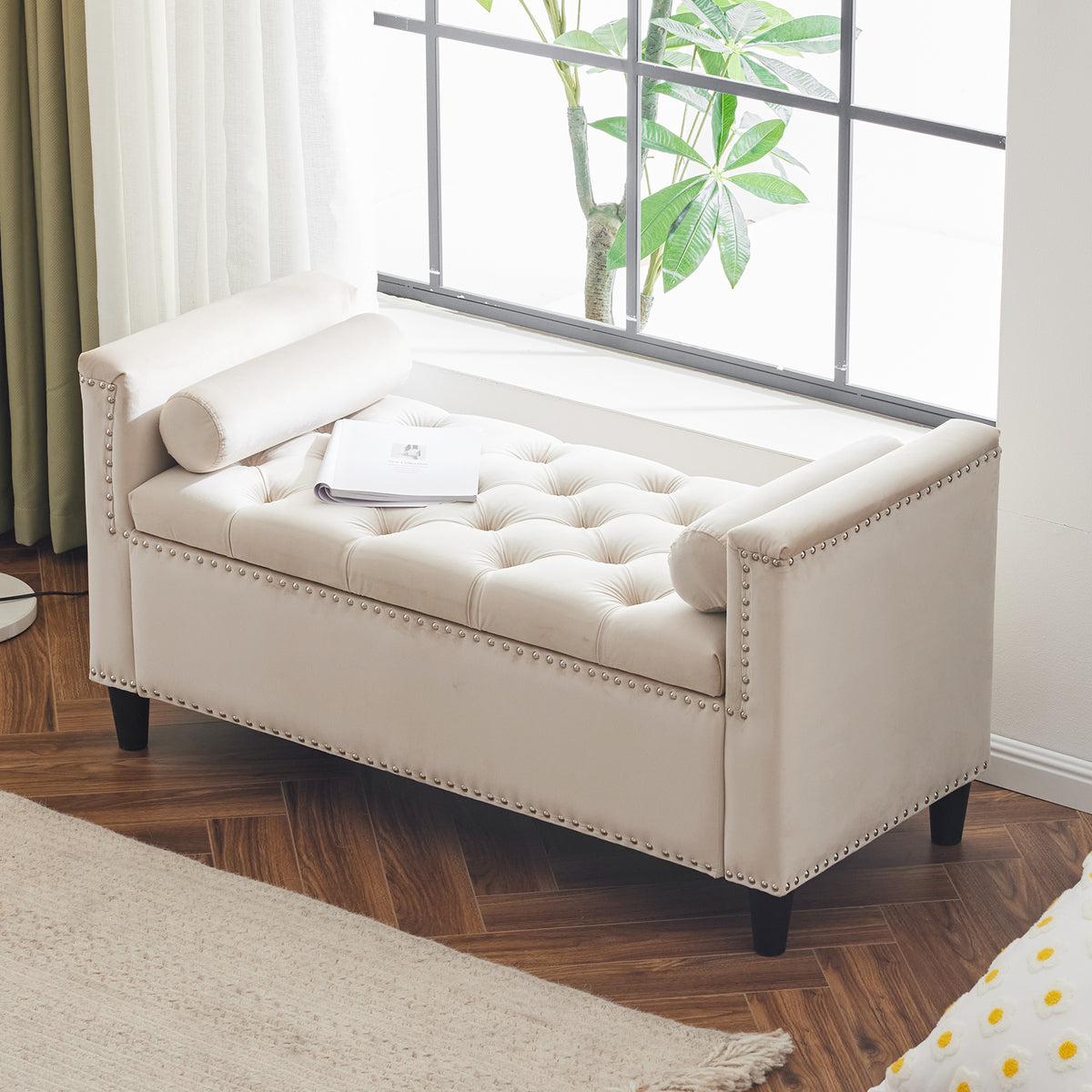 Velvet Storage Bench with Nailhead Trim Cream