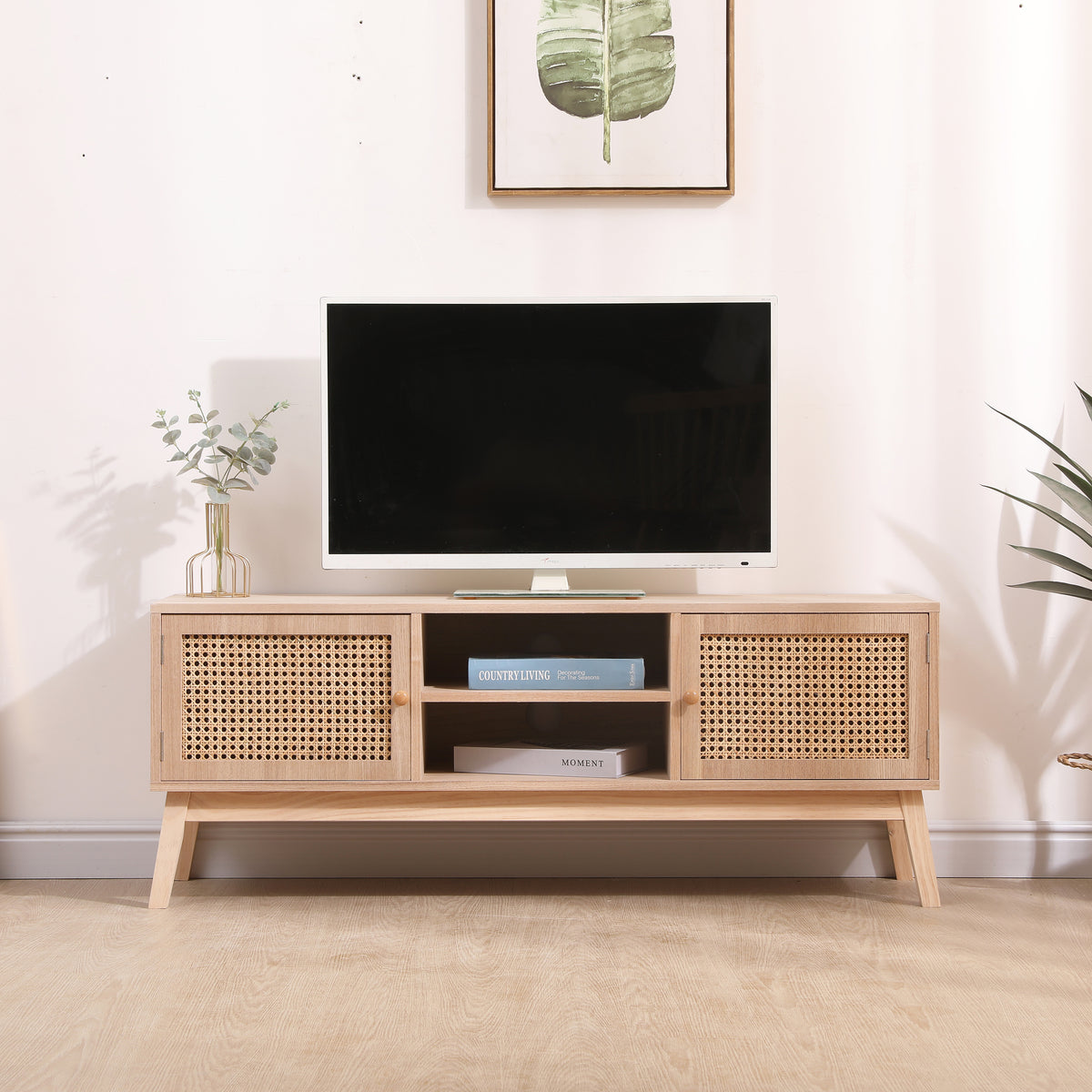Boho Rattan TV Console – Natural Oak