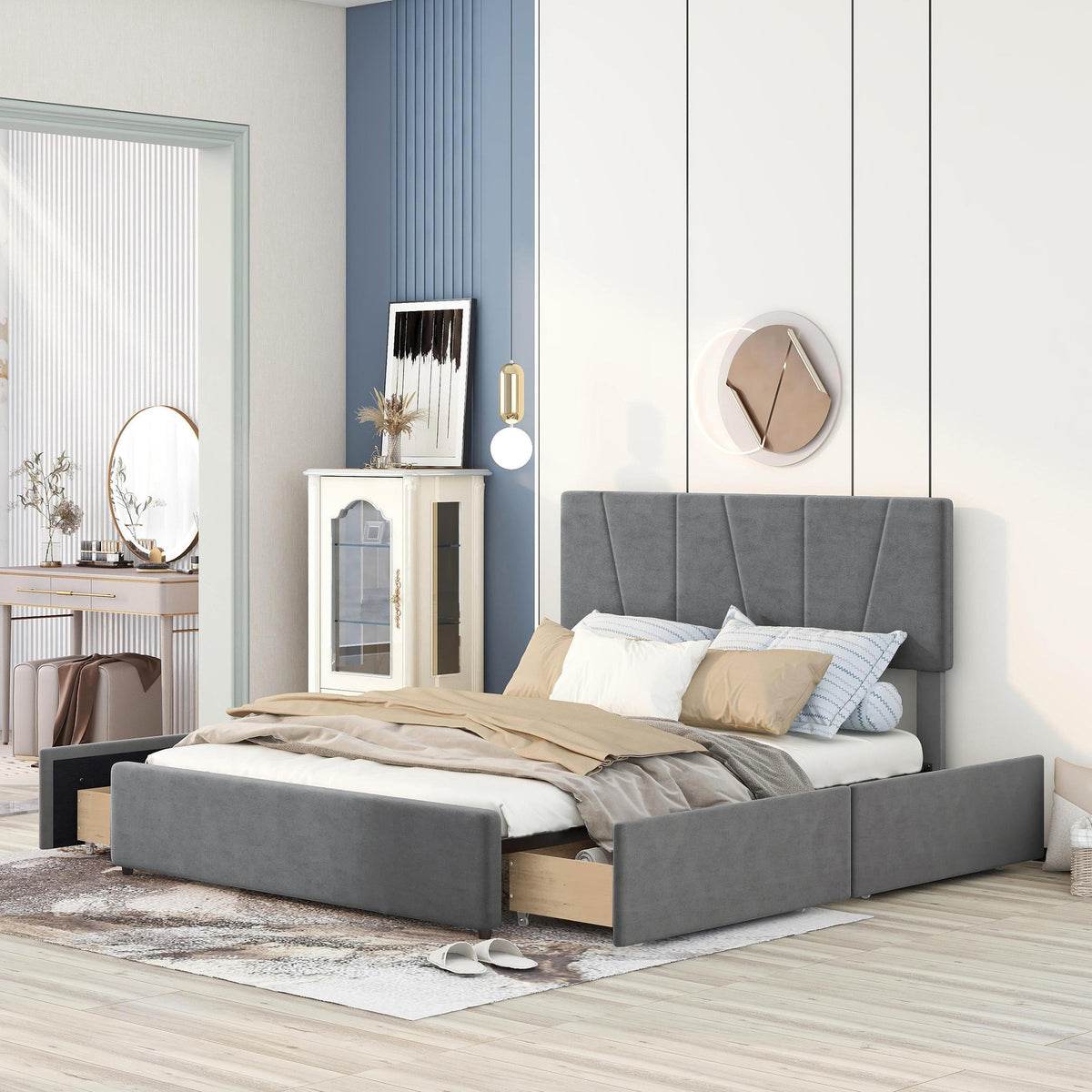 Queen Upholstered Platform Bed with Drawers Gray