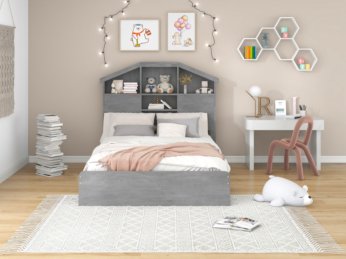 Full Platform Bed with Storage Headboard Gray