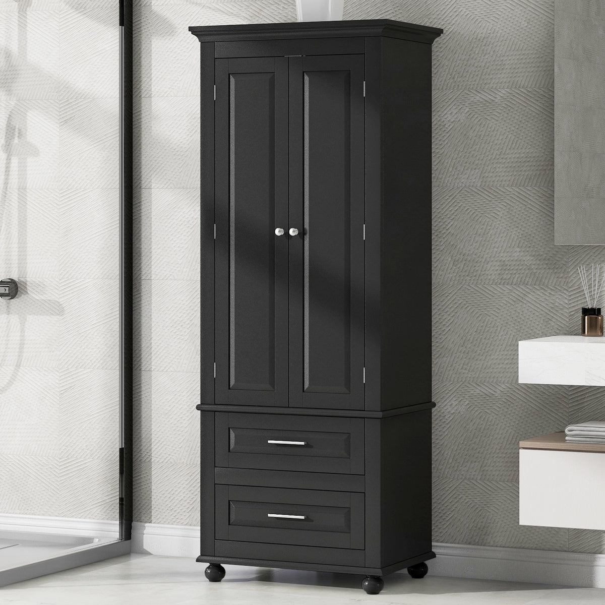 Tall Black Storage Cabinet with Drawers