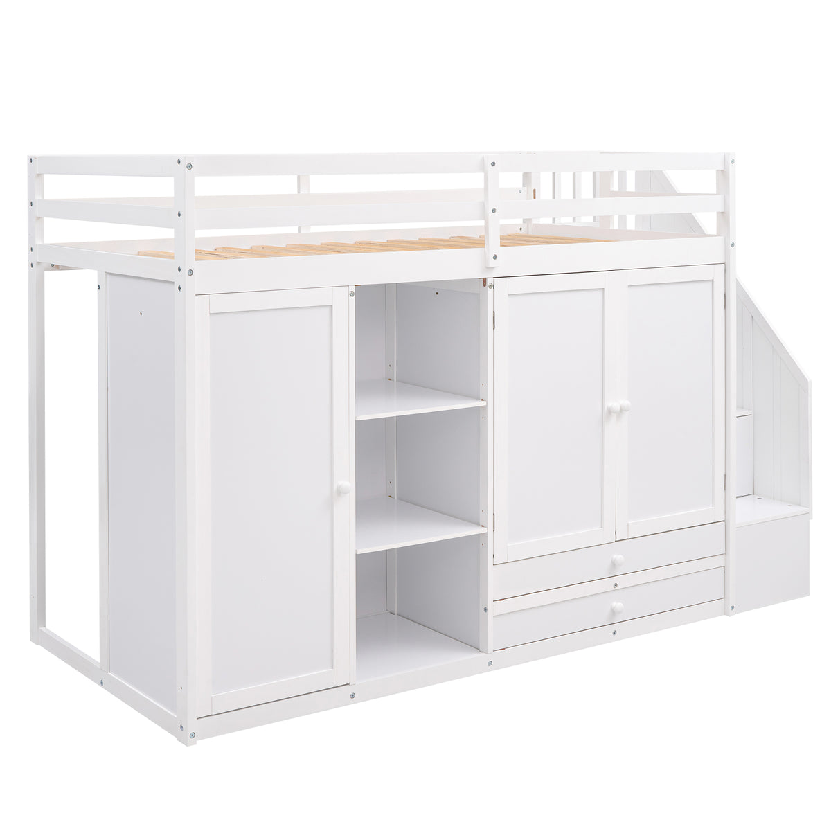White Loft Bed with Storage and Ladder