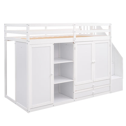 White Loft Bed with Storage and Ladder
