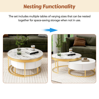 Round Nesting Coffee Table Set White Marble