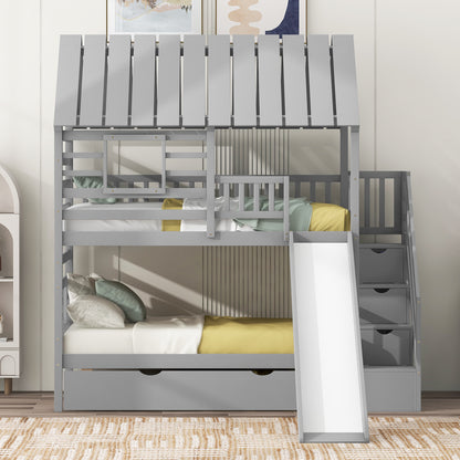 Twin Bunk Bed with Roof and Ladder Gray
