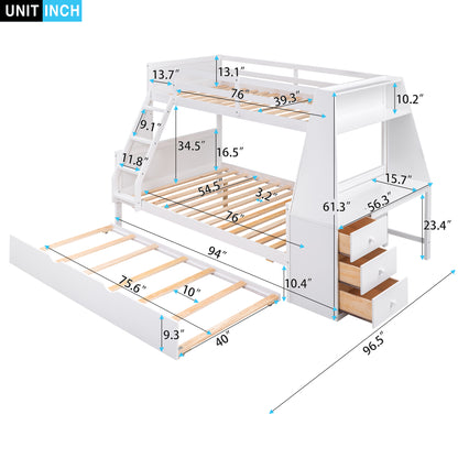 Twin Over Full Bunk Bed with Built-In Desk White