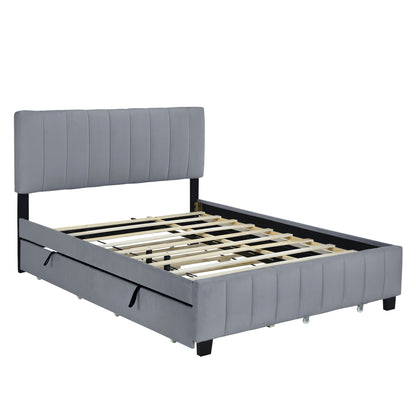 Velvet Upholstered Queen Platform Bed with Trundle Gray