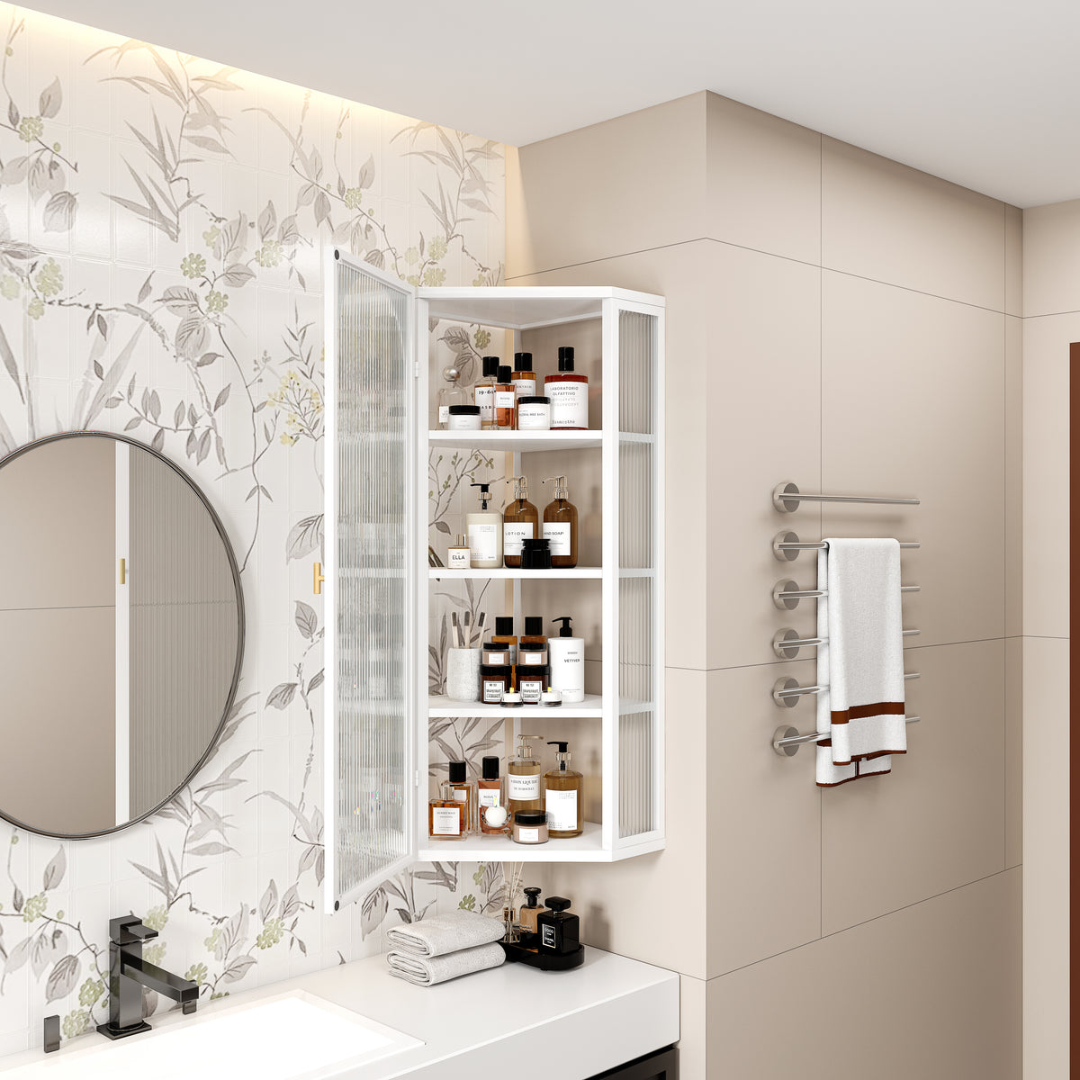 Glass Corner Wall Cabinet – White