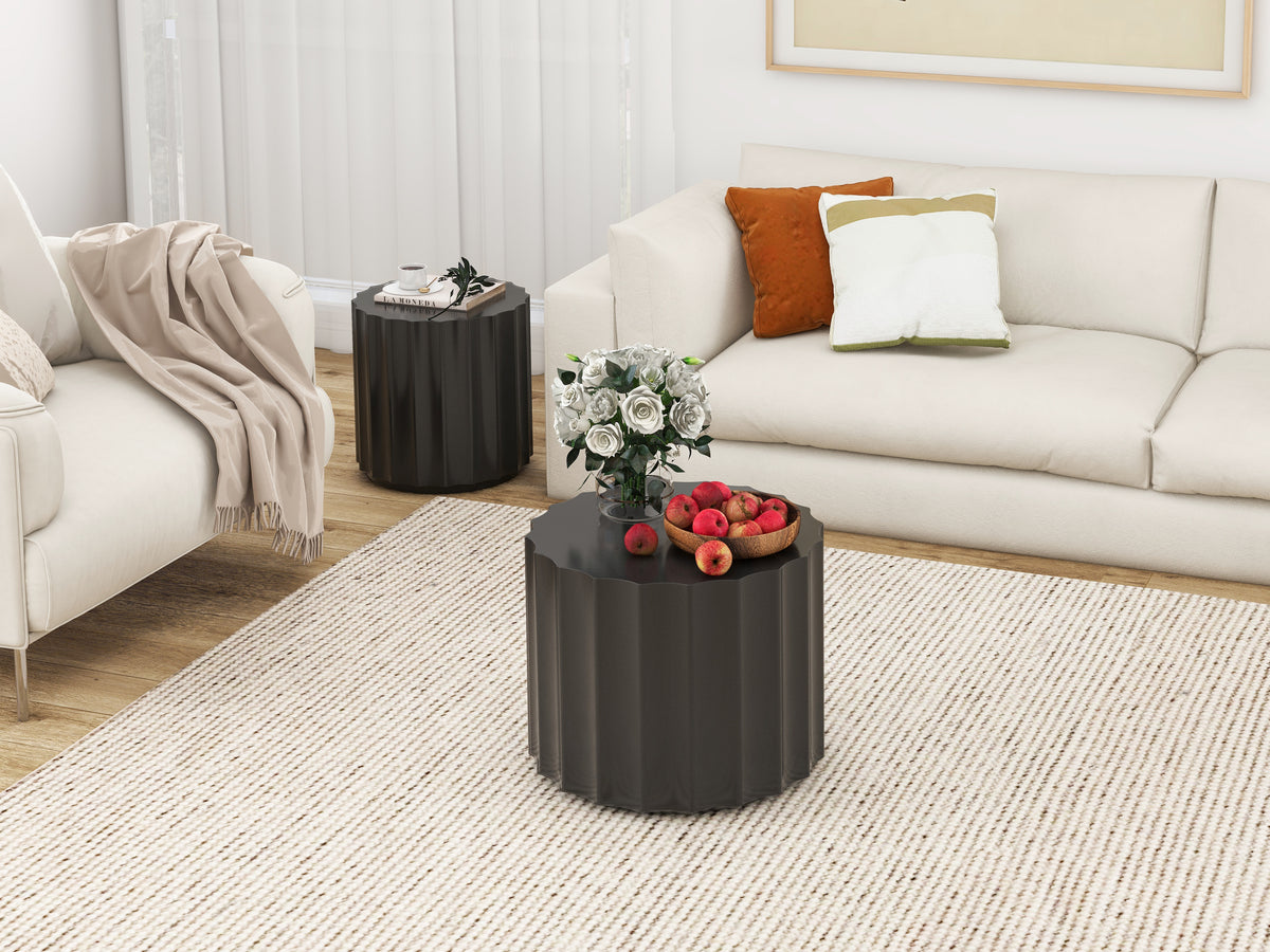 Black 2-Piece Round Nesting Coffee Table Set – Modern MDF with Lacquered Finish
