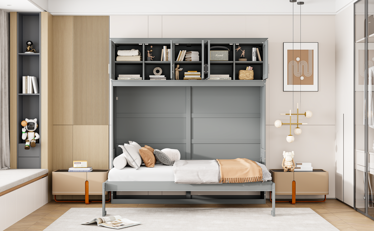 Gray Murphy Bed with Top Cabinets