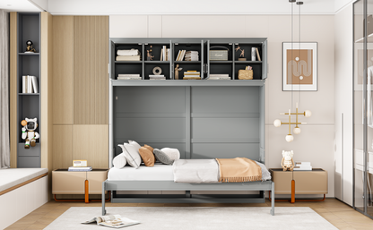 Gray Murphy Bed with Top Cabinets