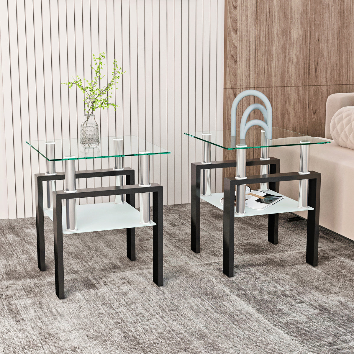 Glass Coffee Table Set (2 pcs) – Black Frame