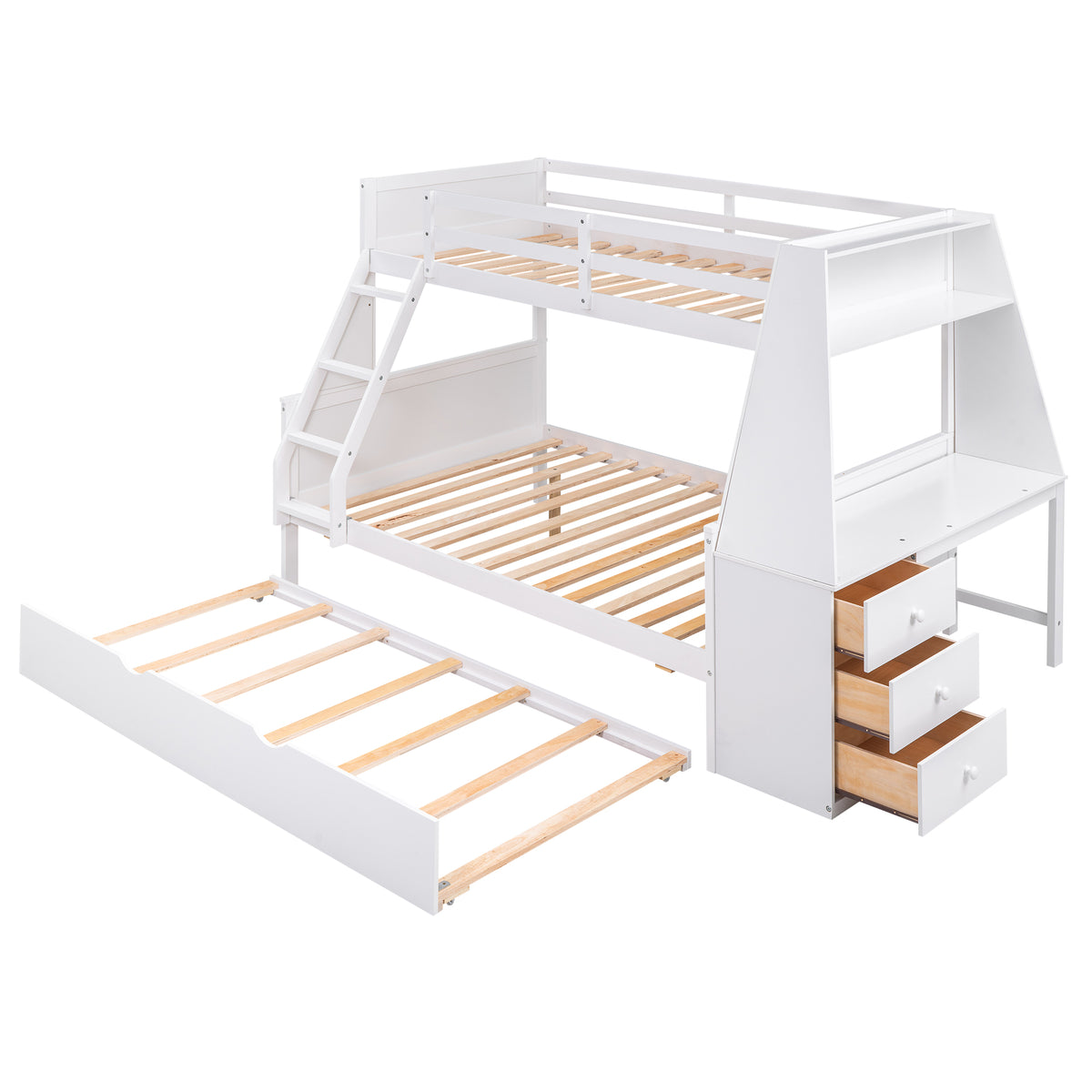 Twin Over Full Bunk Bed with Built-In Desk White