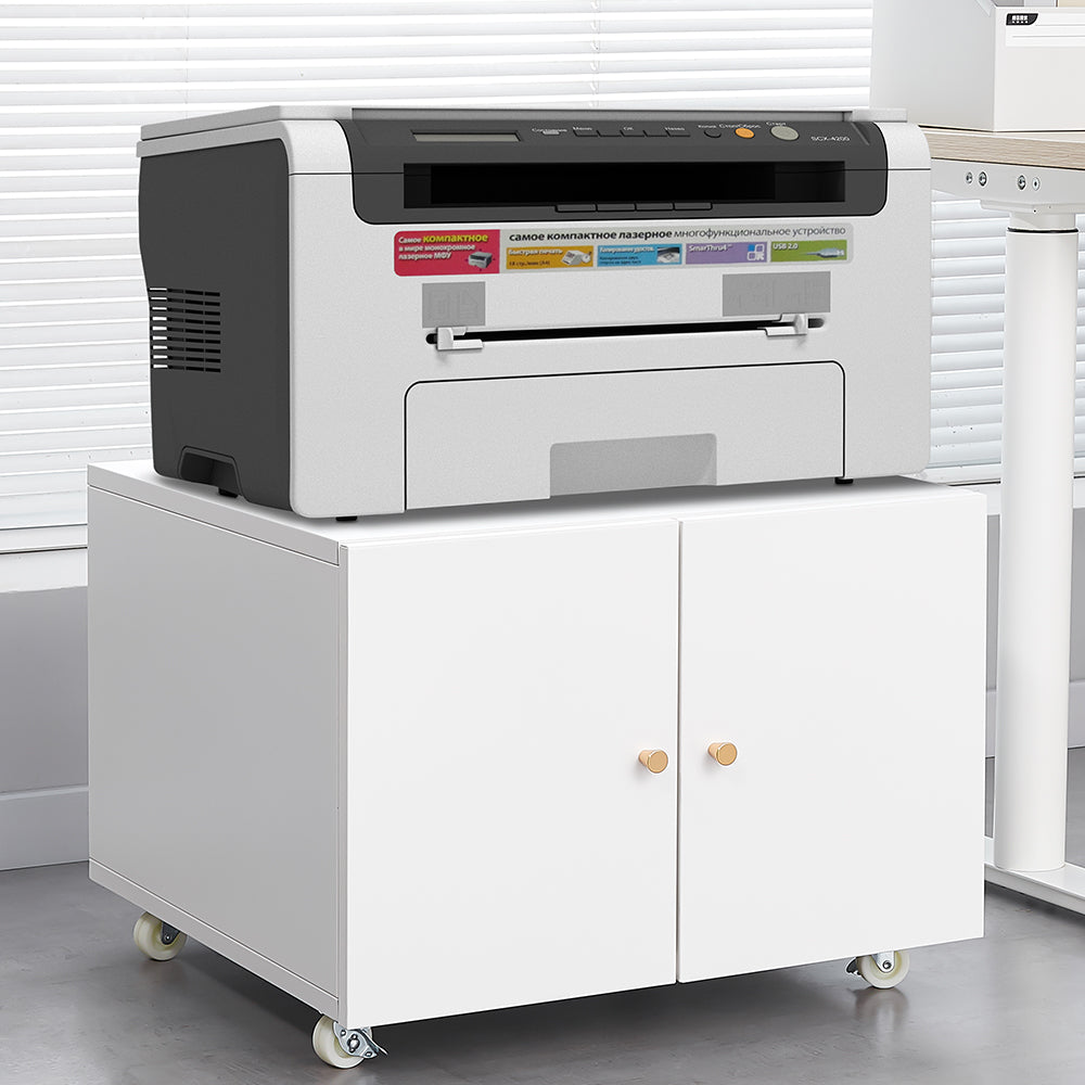 White Mobile Copier Cabinet – 2-Door File & Printer Stand with Wheels