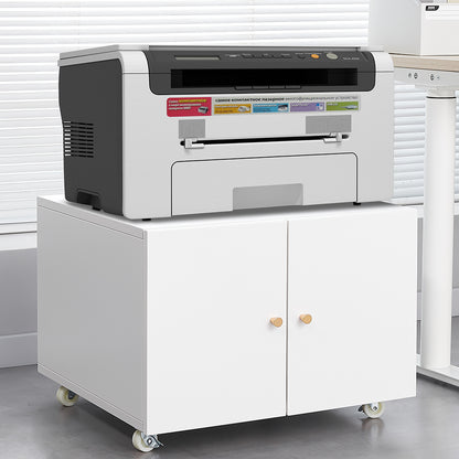 White Mobile Copier Cabinet – 2-Door File & Printer Stand with Wheels