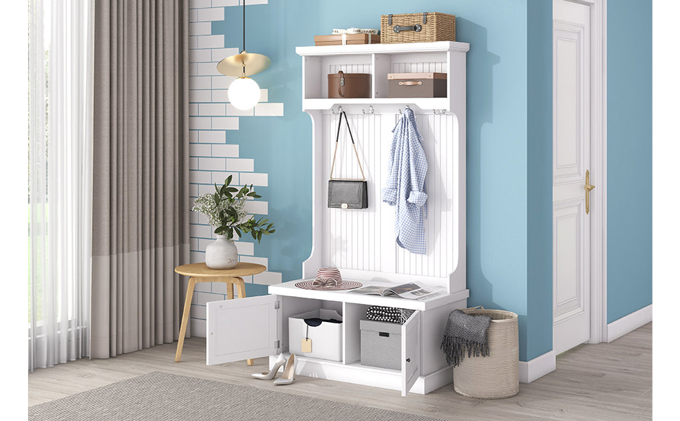 White Hall Tree Bench with Coat Hooks