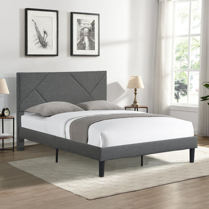 Queen Upholstered Platform Bed – Grey Wood Support