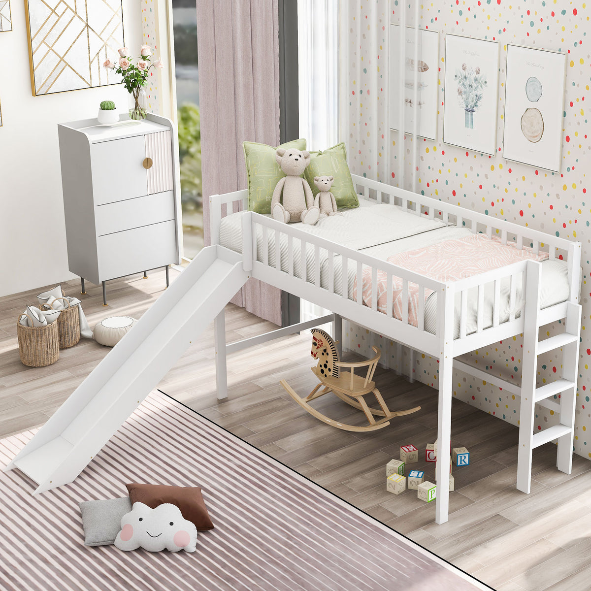 Twin Loft Bed with Ladder and Slide White
