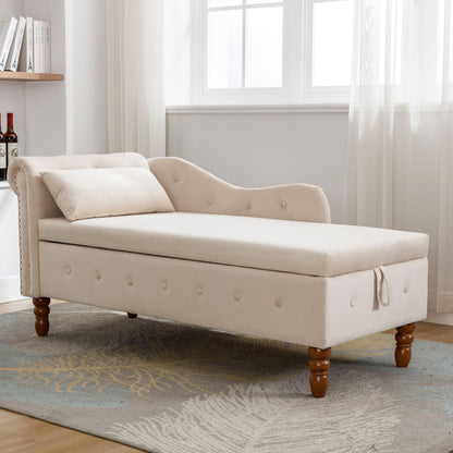 Beige Chaise Lounge with Storage and Pillow
