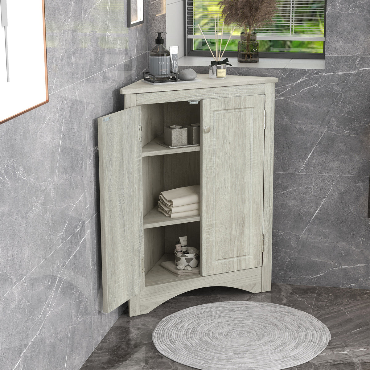 Oak Corner Bathroom Cabinet with Shelves