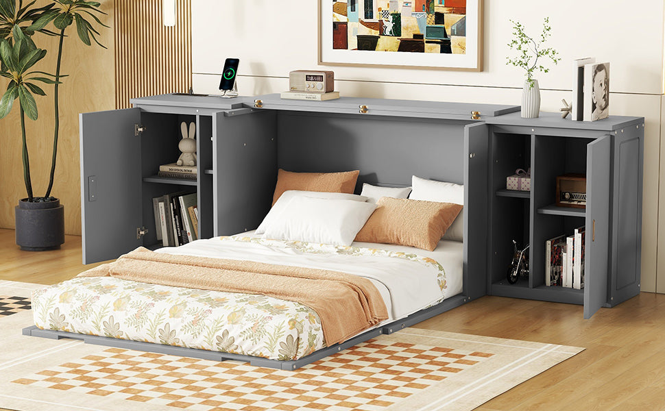 Full Murphy Bed with Shelves Gray