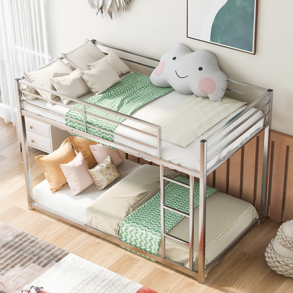 Metal Twin Bunk Bed with Ladder Silver