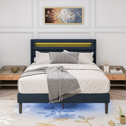 Queen Bedframe with Linen Wrapped LED Headboard Blue