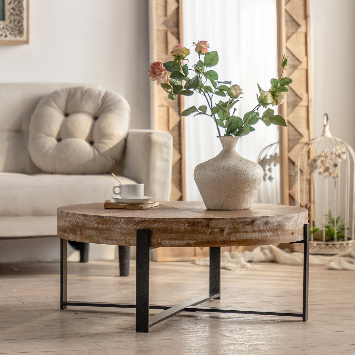 Retro Round Coffee Table – Metal & Wood