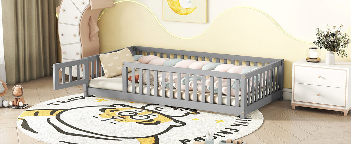 Twin Kids Bed Frame with Safety Rails – Gray