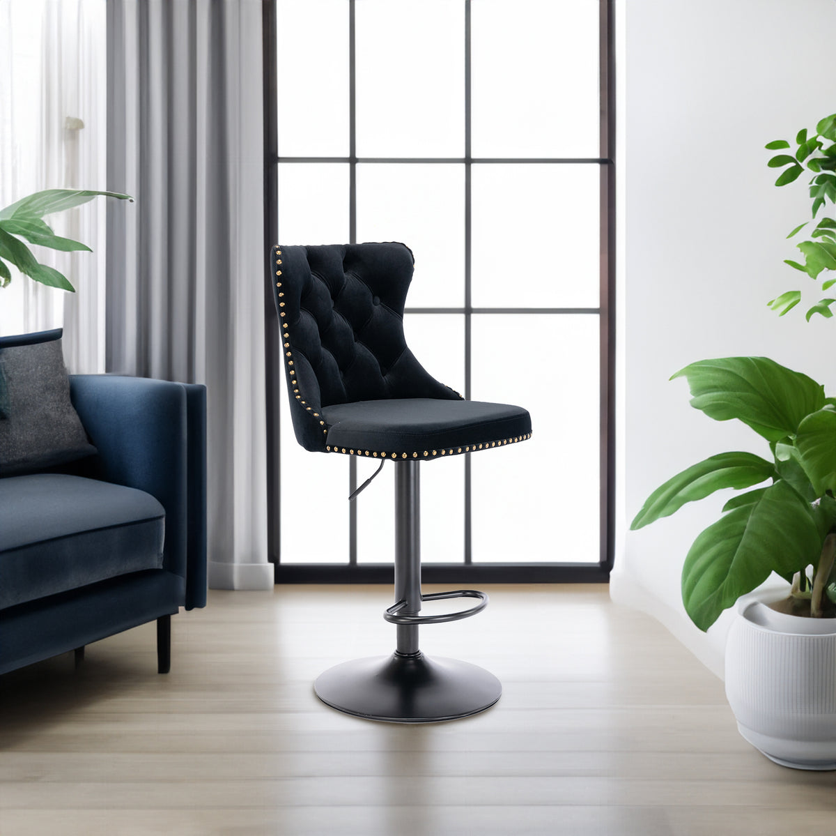 Swivel Velvet Bar Stool Set (2 pcs) – Black