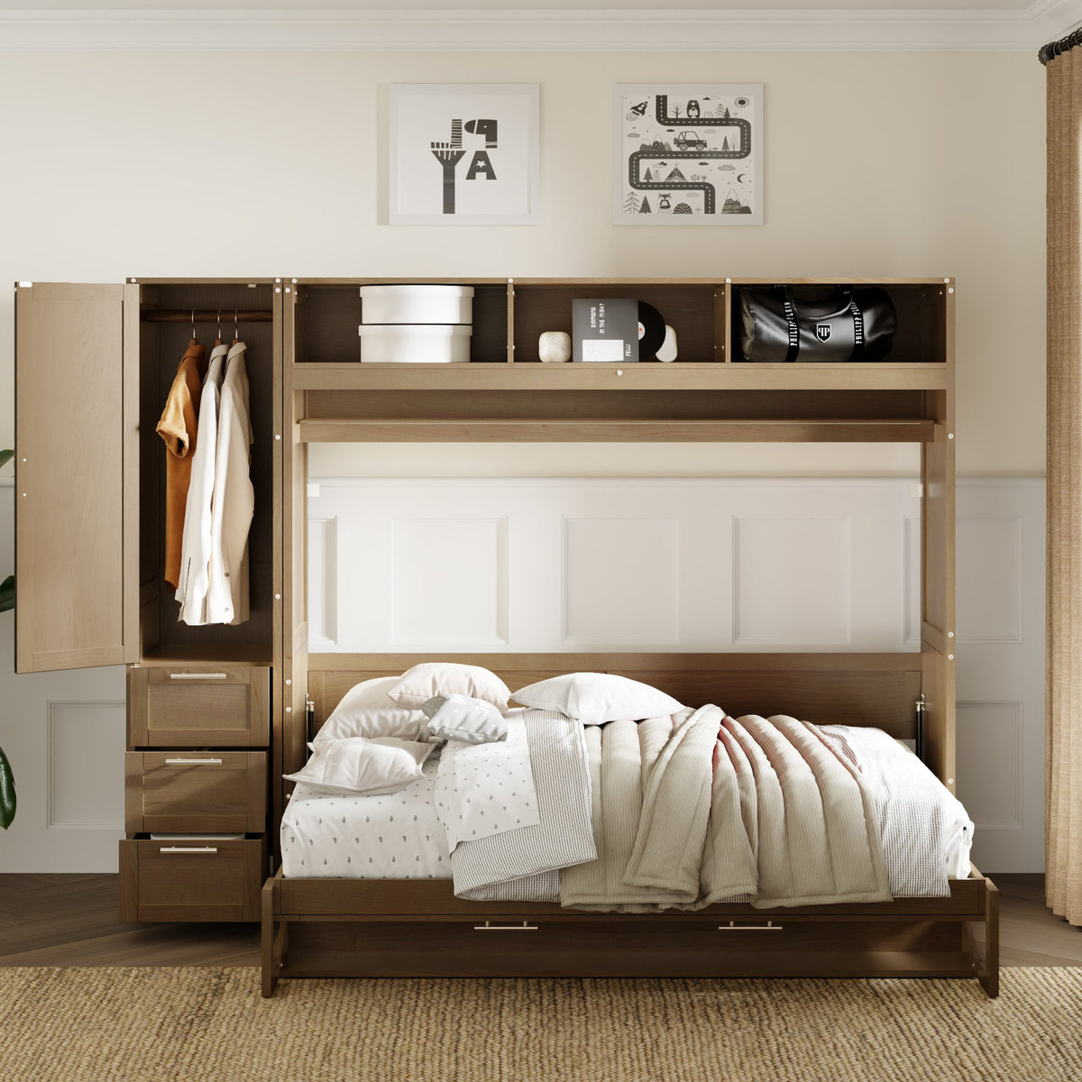 Antique Grey Murphy Bed with Storage Drawers