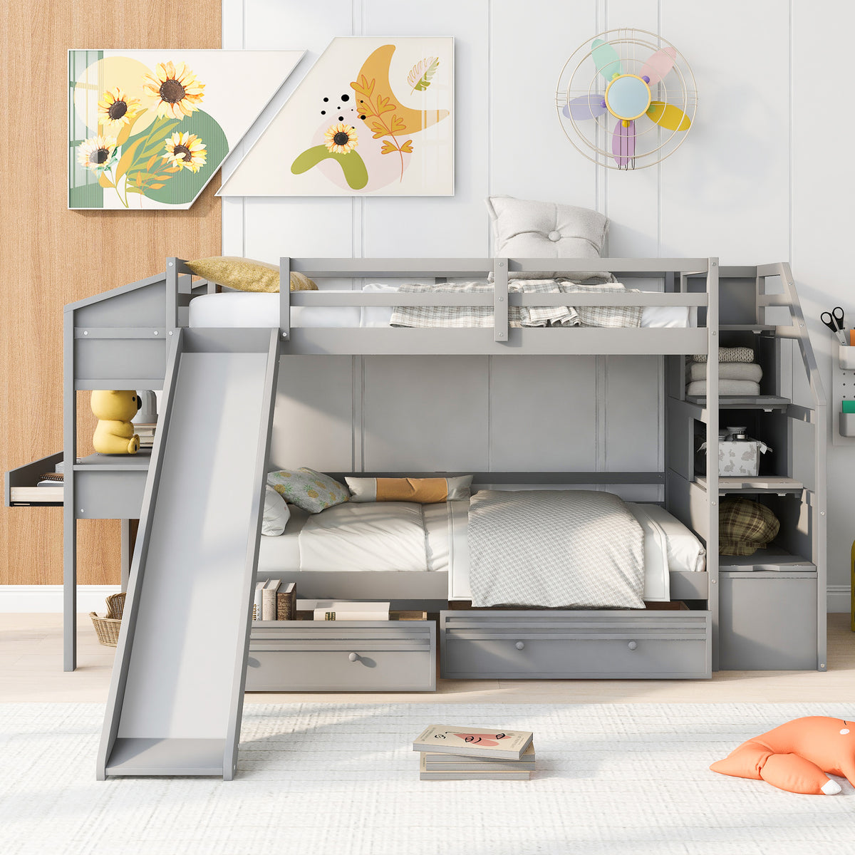 Twin Bunk Bed with Storage Gray