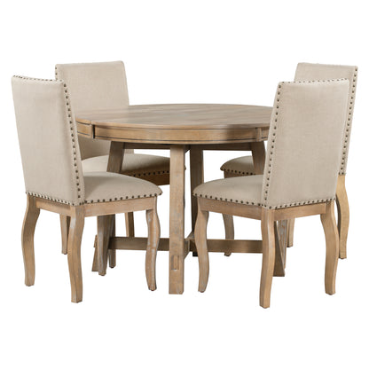5-Piece Dining Set with Round Table Wood Wash
