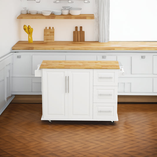 Mobile Kitchen Island with Drawers and Rack White